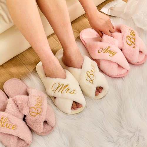 Slippers for Wedding Day, Embroidery Bridal Shower Gift for Women Bridesmaids, Personalized Bride to Be Open Toe Fuzzy Flip Flops, Getting Ready Outfit, Bachelorette Party Gift3