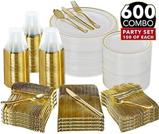 600 Piece Gold Dinnerware Party Set - 100 Guest | 100 Dinner Plastic