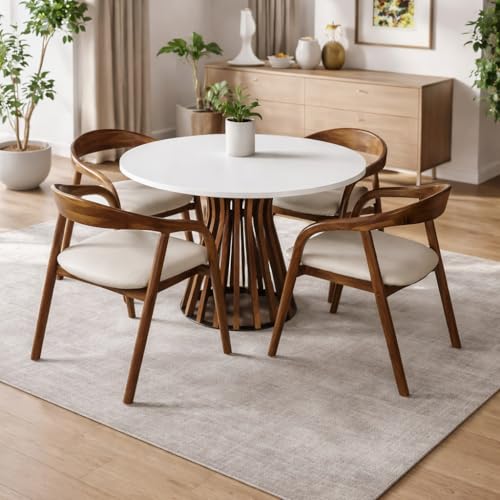 Image of 4-Seater Round Dining Table Set, White Quartz Marble Top Dining Table with Solid Wood Base, Contemporary Dining Room Table Set with Chairs