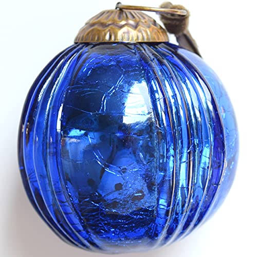 Set of 4 Blue Mercury Glass Ornaments (3.15" Grooved Crackle Ball) Perfect for Christmas Tree, Hanging Holiday Decoration, Gifts & Home Decor