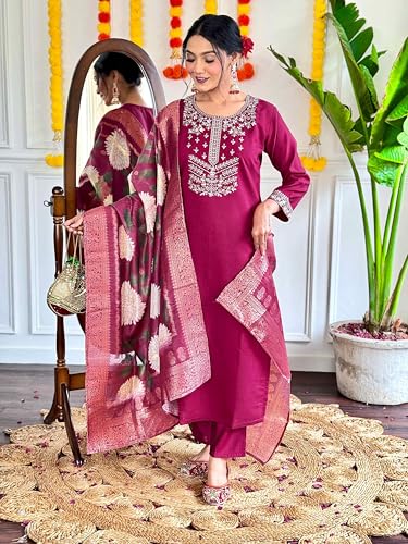 Image of Shiv Textiles Women's Chanderi Silk Embroidered Kurta Pant Dupatta Set(JDA-SACHI-WINE-2XL)