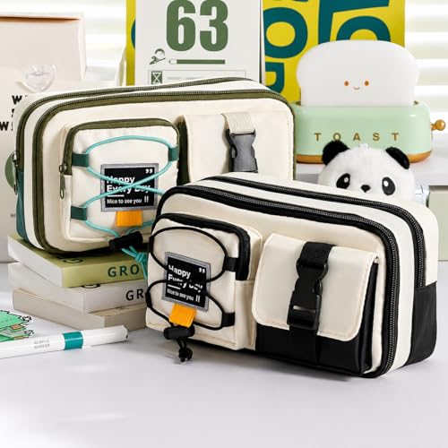 Image of Multi-Compartment Pencil Pouch Large Capacity Pen Case with Zipper & Buckle Pocket, Durable Canvas Stationery Organizer for School Office Travel, Stylish Storage Case (Green Happy Every Day)