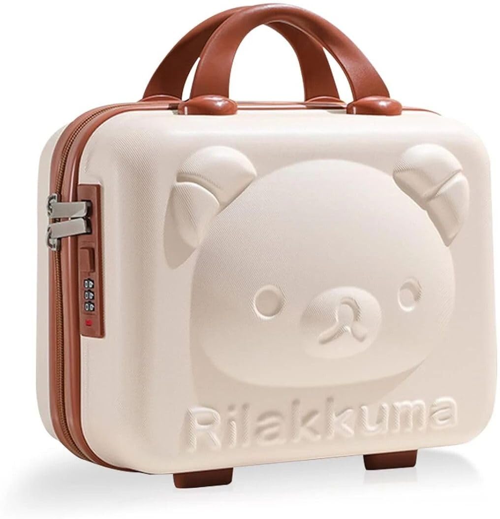 Mini Travel Cosmetic Case, Hard Shell Makeup Vanity Bag with Embossed Bear Pattern, White and Brown, 20x15x20 cm, Combination Lock, Modern Cute Style-image-29
