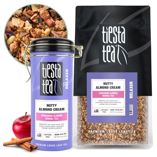 Image of Tiesta Tea - Nutty Almond Cream, Premium Loose Leaf, Cinnamon Almond Herbal Tea Blend, Non-Caffeinated, Make Hot or Iced & Brews Up to 250 Cups, 16oz Bulk Pouch & 6.2oz Refillable Tin Combo