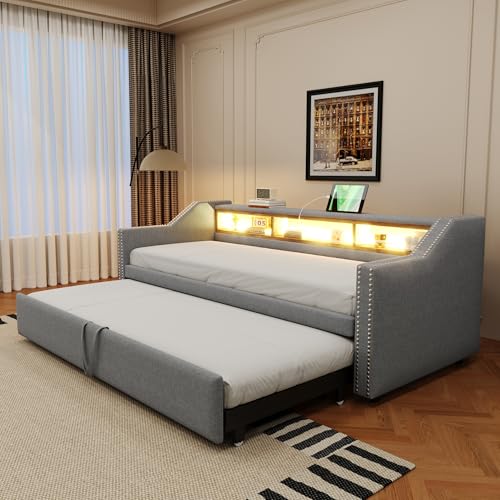 Goldicoo Cama tapizada extensible 90/180 x 190 cm, color gris claro, lino, con luz LED y conector USB, somier, compartimento de almacenamiento multifuncional, incluye dos colchones de muelles