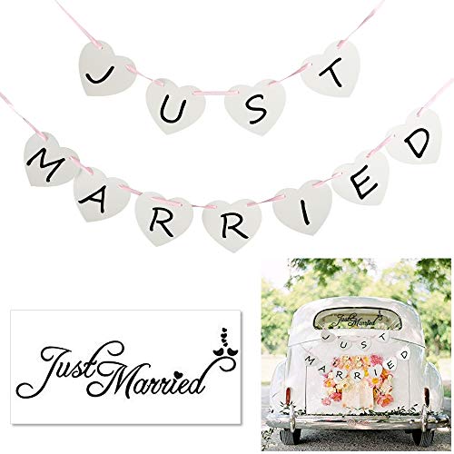 Pulluo Just Married Decoración Boda Pegatinas de Vinilo para Coche Just Married Banner para Boda Coche Decoración Luna de Miel Regalo