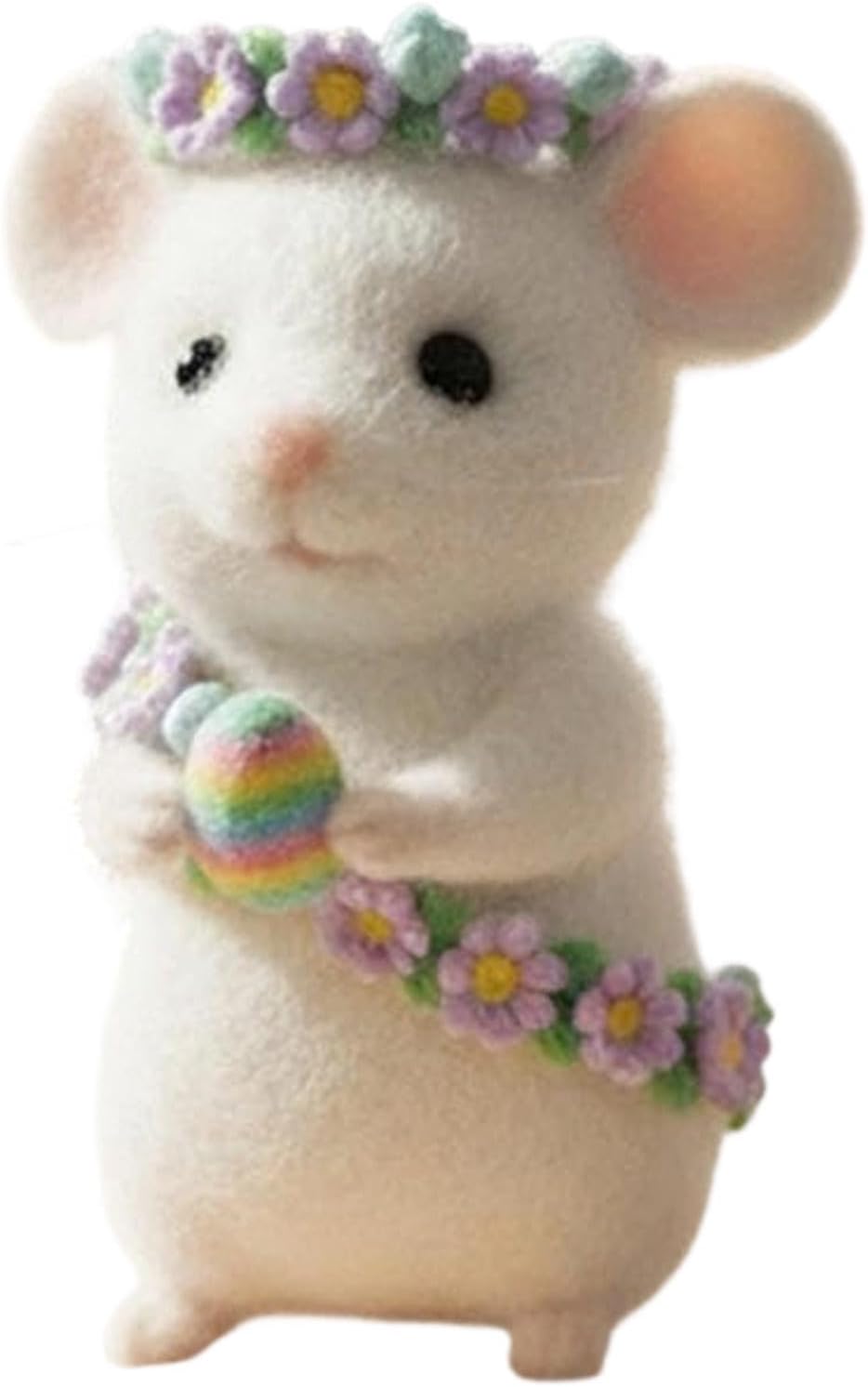 Easter Needle Felted Mouse | 1Pc Handmade Felt Mouse with Flower Garland & Rainbow Egg, Mini 10cm Wool Animal Ornament for Easter Basket Fillers, Tiered Tray Decor, Floral Home Decor (White)