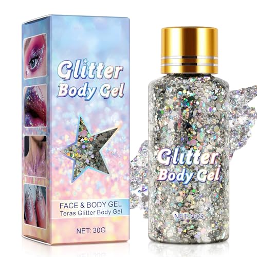 Festival Glitzer Gesicht Glitzer Gesicht für Make-up Body Glitter Für Augen und Lippen Maniküre DIY Glitter Face Glitterr für dauerhaften Glanz Mermaid Sequins Glitters kit (Silver)