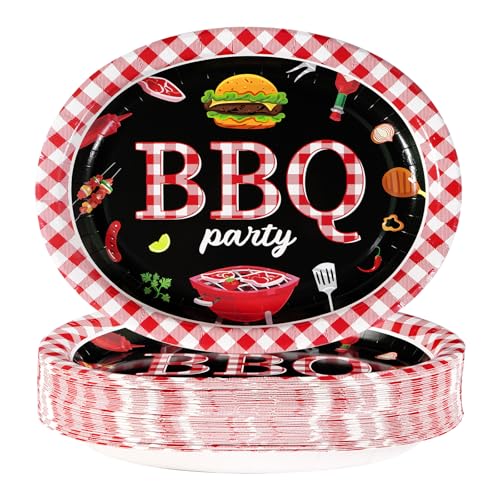 50 Pcs BBQ Party Supplies 10 12 Large Heavy Duty Red Gingham and Black BBQ Oval Paper Plates Disposable BBQ Birthday Party Plates for Summer Picnic Barbecue Baby Shower Birthday Party Decorations