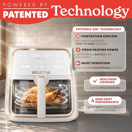 Image of Gourmia Air fryer with 8 litres, 8 preset settings with digital display, FryForce 360 technology, easily visible window and interior light, basket suitable for
