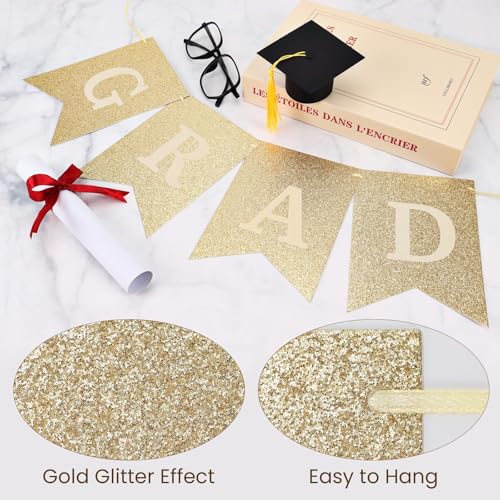 Image of Gold Congrats Grad Banner Garland, No DIY Required Pre-Strung Glitter Graduation Banners, Grad Congrats Class of 2026 Party Decorations for Graduation Party Supplies (Congrats Grad Banner)