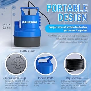 PANRANO 1/2 HP Submersible Water Pump 2900 GPH Portable Small Sump Pump For Pool Cover, Basements, Puddles, Gardens Ponds With 16.4 Ft Power Cord and Hose Adapters, Sky Blue