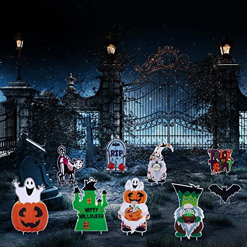 Gosear Halloween Outdoor Decorations, 9 Park Yard Signs Pumpkin, Ghost, Gnomes, Bat, Black Cat, Ghost House Signs Large Friendly Halloween fall Yard stakes/lawn Sing Outdoor/indoor Props DÃ©cor