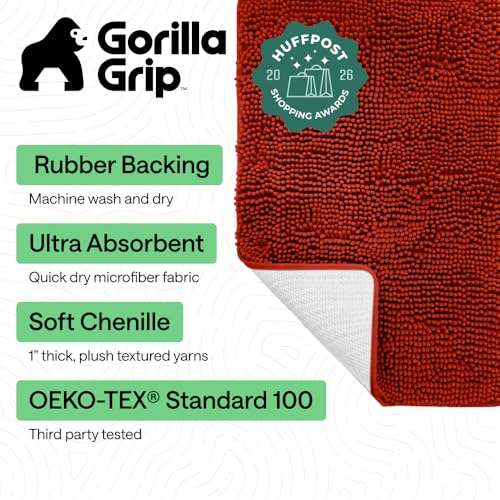 Image of GORILLA GRIP Bath Rug Mat, Thick Soft Absorbent Chenille, Quick Dry Microfiber Mats, Rubber Backing Washable Shower Floor Rugs, US Designed Bathroom Bathmat Home Accessories, 24x17, Sunset Orange