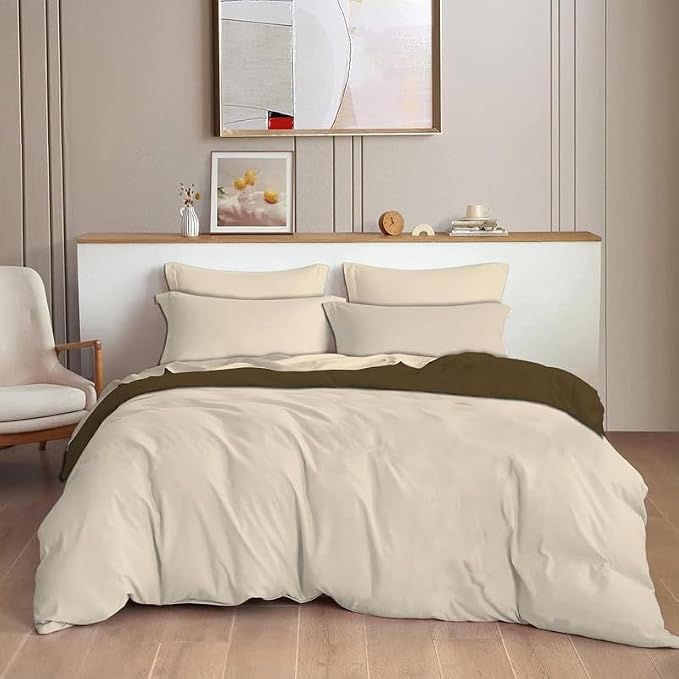 Image of Reversible Plain Glace Cotton Single Bed Quilt Cover /Duvet Cover /Rajai Cover /Blanket Cover with Zipper (60X90 Inches) (Almond Whisper, Single Duvet Cover)