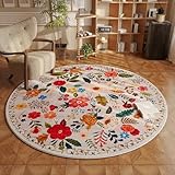 Rugcomf Round Rug 4ft Washable Circle Rug Non Slip Low Pile Boho Floral Small Circular Rug for Bedroom, Bathroom, Entryway, Kids Room, Office, College Dorm(Beige)