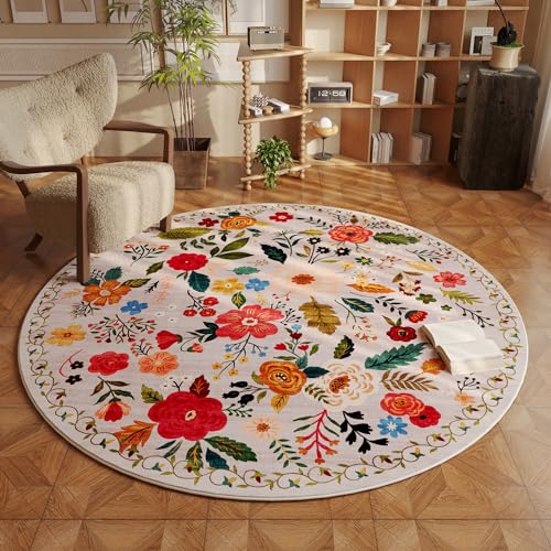Round Rug 4ft Washable Circle Rug Non Slip Low Pile Boho Floral Small Circular Rug for Bedroom, Bathroom, Entryway, Kids Room, Office, College Dorm(Beige)