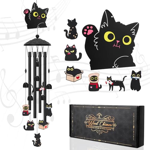 Hoemwarm Black Cat Wind Chimes for Outside - Metal Cat Windchimes Garden Decor Memorial Sympathy Gift for Cat Lovers Gothic Patio Yard Home Decor for Women Men