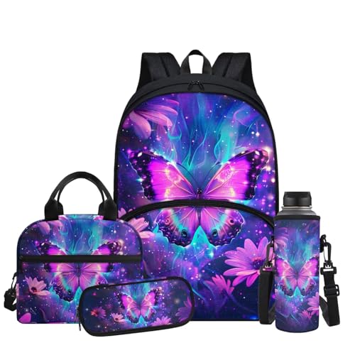 Butterfly 4th Grade Backpack for Girls Bookbag with Lunch Box Pencil Box Water Bottle Sleeve 4-in-1 Kids School Bags Casual Daypack Backpacks for Teen Girls Back to School Gifts