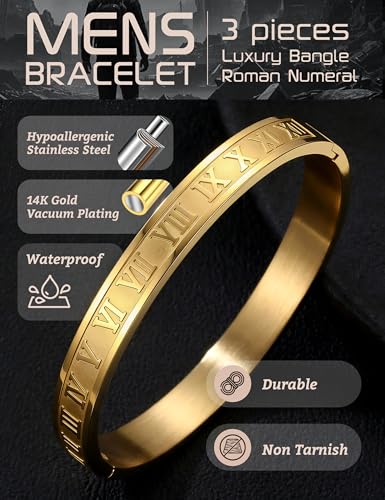 YADOCA 3Pcs Stainless Steel Bracelets for Men Roman Numeral Bangle Bracelet Adjustable Cuff Bracelet Twisted Cable Bracelet Mens Luxury Bracelets Jewelry Gifts Gold/Silver/Black - Image 3