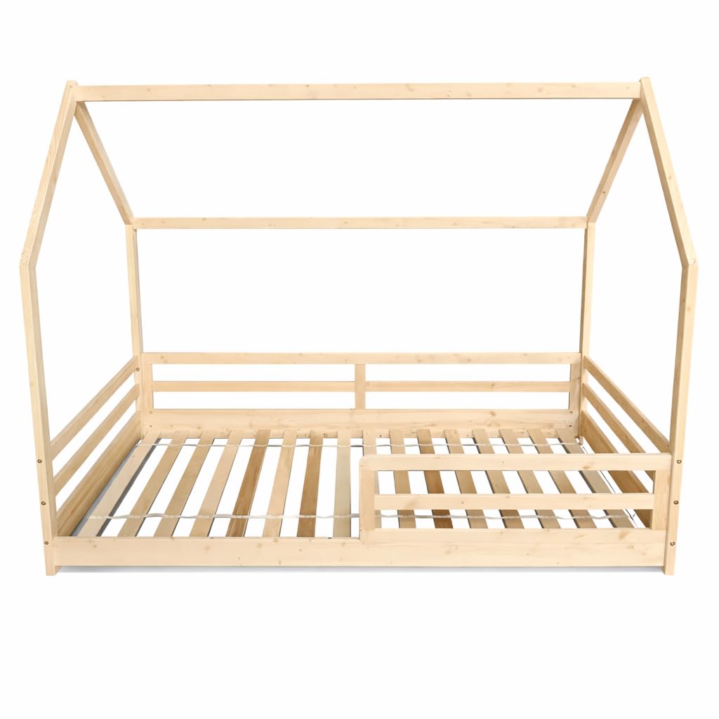 Letto capanna in legno di pino naturale per bambini, 90 x 190 cm, stile Montessori con barriere di sicurezza, design casa tenda