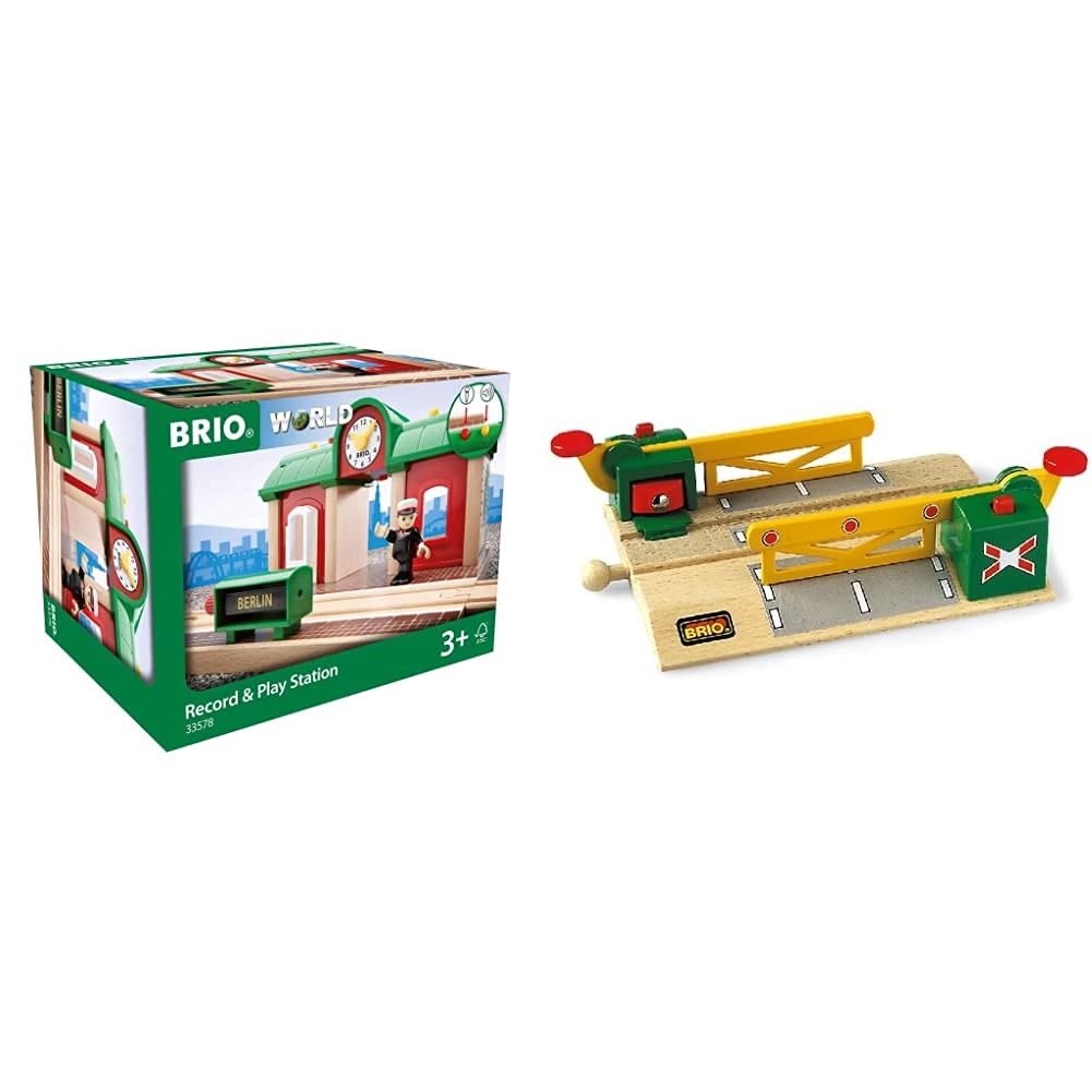BRIO World 33578 Sprechender Bahnhof Eisenbahn Zubehör mit Aufnahmefunktion – Kleinkinderspielzeug empfohlen ab 3 Jahren & Bahn 33750 - Magnetische Kreuzung