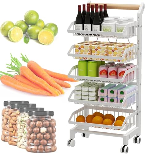 【Design durevole】: questo carrello per snack da cucina presenta una robusta struttura in acciaio al carbonio per stabilità e supporto, può contenere fino a 50 kg. Il design a cestello aperto favorisce la circolazione dell'aria, mantenendo frutta e verdura fresca. Le sue dimensioni compatte lo rendono perfetto per qualsiasi spazio in cucina, mentre il contenitore multifunzione offre un facile accesso a snack e oggetti essenziali. Ideale per decorare la tua cucina.