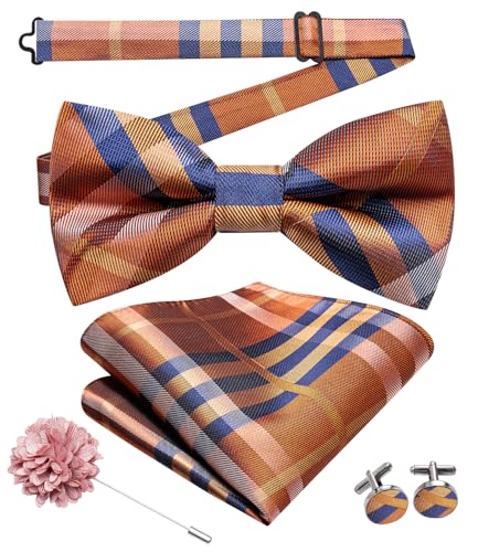 Image of Hi-Tie Bow Ties for Men Pre-Tied Pocket Square with Cufflinks Mens Bowtie Sets for Wedding Formal Party