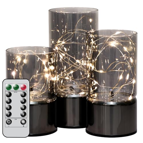Eldnacele LED Kerzen mit Fernbedienung Timer, flammenlose Kerzen im Glas, integrierte Lichterkette, batteriebetriebene künstliche Kerzen als Zimmer Deko 8 Lichtmodi (grau, Ø 7,5 cm x H 13, 15, 20 cm)