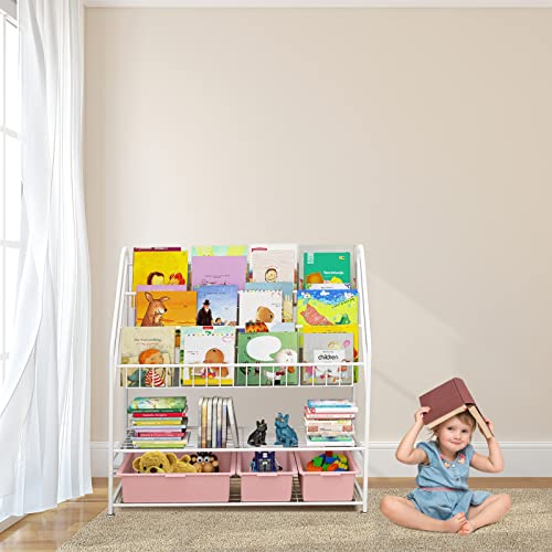 Hossejoy Metal Children Bookshelf, 5 Tier Freestanding Bookcase Kids Book Rack Storage Organizer Stands, For Toy Book Study Living Room Bedroom, Playroom (White) #TOP1
