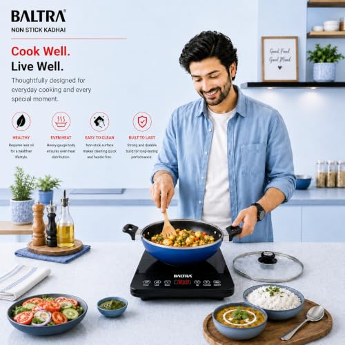 Image of BALTRA 5.5L Nonstick Kadhai with Glass Lid | Induction Bottom, Marble Finish, Durable & Even Heating Cookware for Healthy Cooking Kadai 4mm Thick (30cm, Blue)