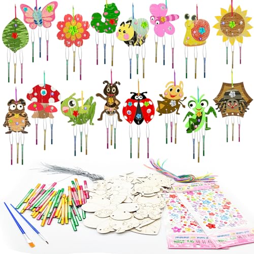 Cinrobiye 16 Pack DIY Wooden Insect Wind Chime Craft Kit, Paintable Wooden Butterflies, Ladybugs, Dragonflies with Tubes, Wires for Creative Art Projects, Home and Classroom Decoration Bulk Set