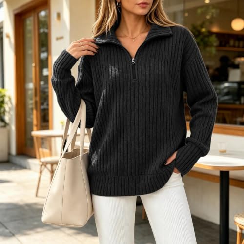 Women's Dressy Casual Ribbed Sweaters Shirts Long Sleeve Half Zip Fall Tops - image 2