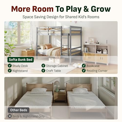 Image of Softa Twin Over Twin Bunk Bed for Kids, Solid Wood Bunk Bed Frame with 13 inch High Guardrails and Ladder, 400 lbs Capacity Total, 11.9 inch Under-Bed Storage, No Box Spring Needed, Gray