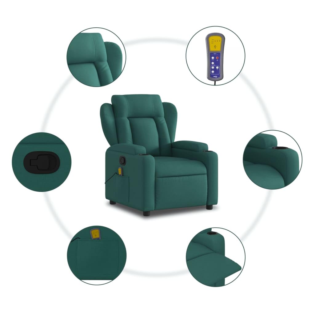 KOIECETA Massagesessel Sessel Verstellbare Rückenlehne Fernsehsessel Relaxsessel mit Vibrationsfunktion Liegesessel Polstersessel Ruhesessel TV Sessel Dunkelgrün Stoff