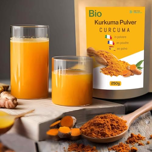 Detox Organica Kurkuma Pulver Bio 250g, Turmeric und Goldene Milch Pulver 100% Vegan und ohne Zusatzstoffe, Curcuma Latte, golden milk powder, Kurkumapulver aus kontrolliert biologischem Anbau