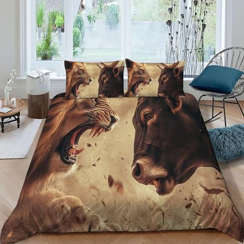Housse de couette super king Lion et Vache 260x220cm en microfibre imprimée 3D