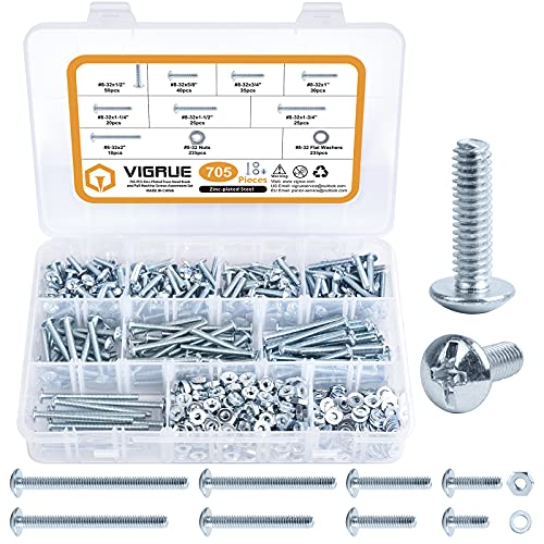 VIGRUE 705PCS #8-32x1/2 to #8-32x2 Machine Screws 8/32 Knob/Pull Screws Bolt Nut Flat Washers Zinc-Plated Steel Phillips Machine Screws Assortment Kit, Cabinet Door and Drawer Screws