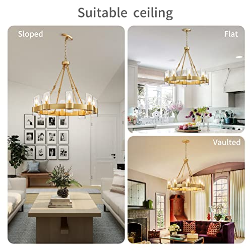 Image of WUZUPS Wagon Wheel Chandelier 8-Light with Clear Glass Industrial Modern Farmhouse Round Light Fixture for Dining Room Kithen Island Foyer, Width 26 inch Height 22 inch, Gold
