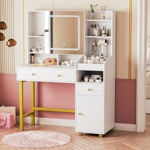 Makeup Vanity Desk with Lights and Mirror, Vanity Table with Storage Drawers, Charging Station, Dressing Table for Bedroom, 3 Color Modes & 10 Brightness Adjustable (White & Gold) Cover