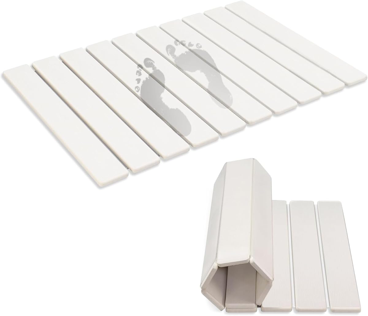 Revid Foldable Stone Bath Mats for Bathroom, 24"(L)×16"(W) Diatomaceous Earth Bath Mat, Non-Slip Quick Dry Stone Mat, White