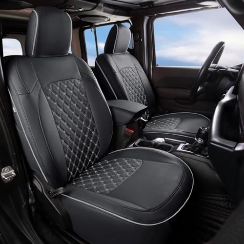 Image of GIANT PANDA Jeep Wrangler 4 Door JL 2018-2026 Full Set Car Seat Covers for Sahara Sport Rubicon Willys Without Rear Cup Holder, Customized Faux Leather - (Black+Gray)