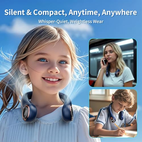 Image of Portable Neck Fan with 6000mAh USB - Rechargeable Battery, 360 Cooling Wearable Fan, 3 Speeds, Ultra-Light Bladeless Neck Fan LED Display (Blue)