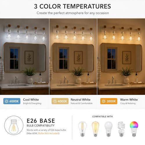 Image of Farmhouse Vanity Light Fixture,5-Light Bathroom Lighting,White Modern Wood Wall Light Over Mirror with Metal Shade,LED Bulbs Not Included