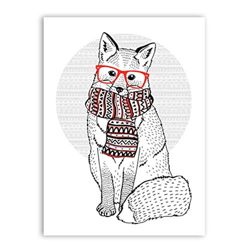 Cute Winter Fox Wearing Hipster Glasses and Scarf Wall Art Print Poster Trendy Animals Canvas Painting Pictures Art Wall Decor-40x60cm Sin marco