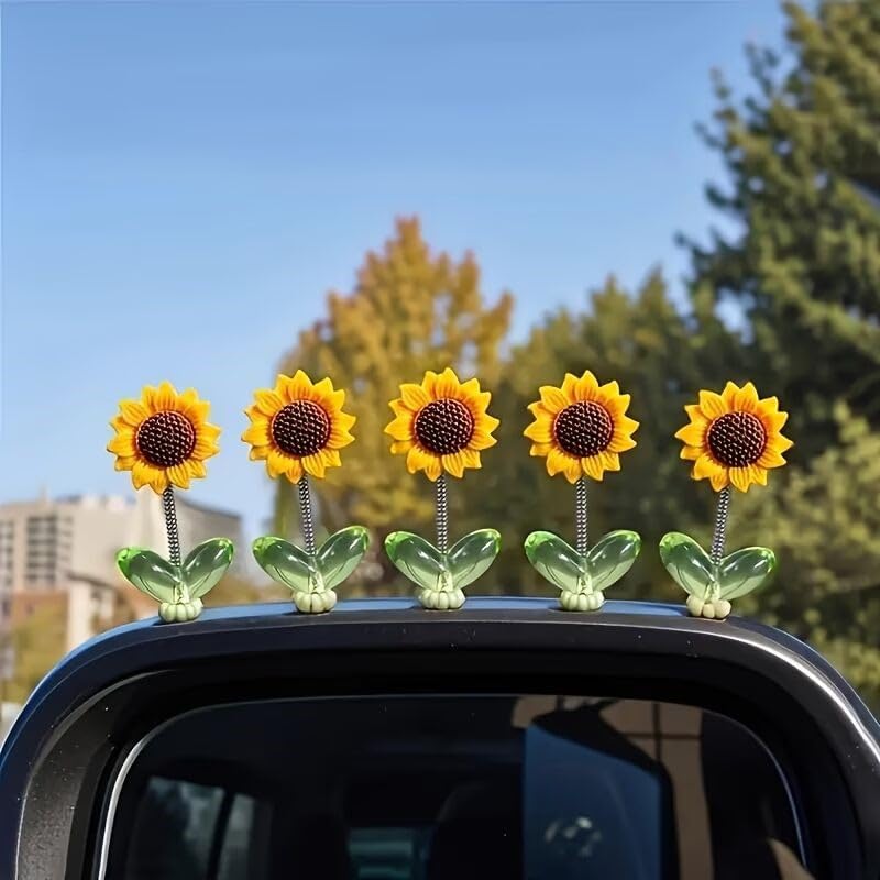 Mini Sunflower Car Dashboard Decoration Set of 5 | Self-Adhesive Swing Bobble Head Resin Flowers | Removable Cute Car Interior Accessories for Dashboard Mirror Home Office Desk Decor-image-46