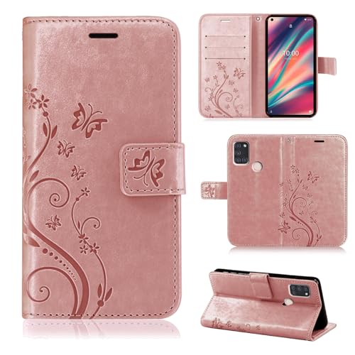 betterfon Étui de protection, compatible avec Wiko View 5/View 5 Plus, en cuir synthétique, portefeuille, pour View 5/View 5 Plus, motif de fleurs, or rose