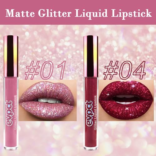 Image of evpct 2Pcs Mauve & Dark Red Matte to Glitter Liquid Lipstick Set Kit for Women Long Lasting Glossy Metallic Shimmer Sparkle Lipstick Lip Gloss 01+04