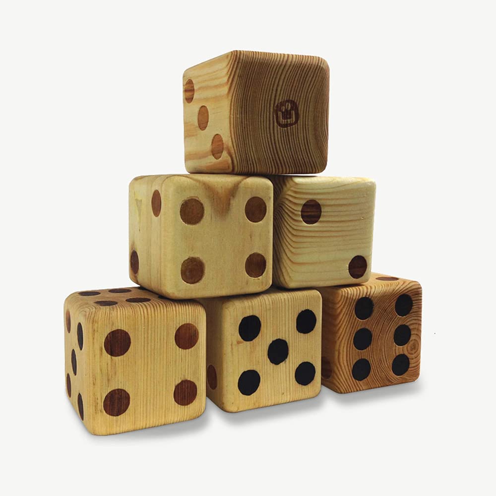 Juego de dados de madera – Fabricado en India – Madera de pino – 9 x 9 x 9 cm – 6 piezas incluye bolsa de transporte – Original y calidad – Super y profesional
