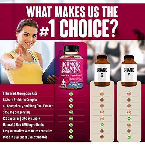 Hormone Balance + Probiotics For Women (3450Mg) Natural Relief For Menopause, Weight, Bloating, Hot Flashes, Pms Management | 4:1 Chasteberry, Dong Quai, Black Cohosh & Maca | 120 Non Gmo Capsules #TOP3